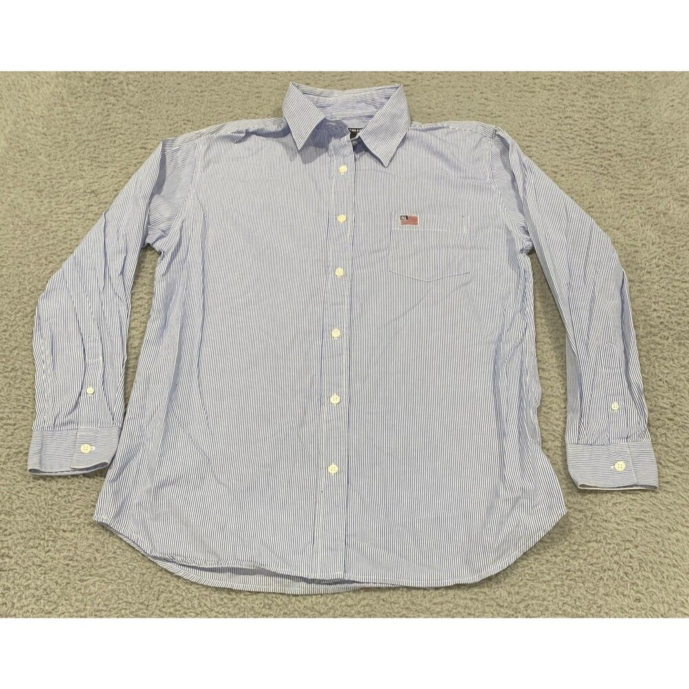Ralph Lauren Shirt Mens Medium Blue Stripe Polo Jeans Co Flag Pocket Cotton